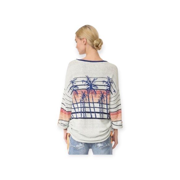 Free People Palm Tree Breeze Knit Ruched Sweater XS Pale Grey Blue Orange Top - Picture 6 of 16